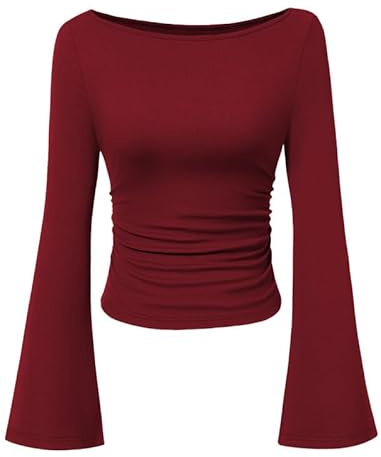 Sukiglam Women's Long Sleeve Shirts Boat Neck Bodycon Ruched Ribbed Tops Casual Basic Tees Ladies Bell Sleeves Fitted Blouse Elegant Stretchy Pullover Autumn Winter Going Out Top Evening Party Outfit
