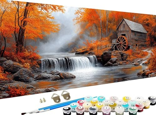 Malen Nach Zahlen Erwachsene Herbst Malen Nach Zahlen Leinwand, DIY Handgemalt Ölgemälde Bastelset 40x80cm Groß Paint by Numbers Baumhaus für Halloween Deko Weihnachtsdeko Wanddeko, Geschenke Z-902