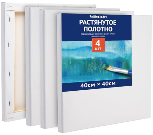 COOZEE 40x40cm Stretched Canvas Set for Painting, 4 Pack Canvases Set for Beginners and Artists, 280gsm Stretched Wooden Canvas Frames for Acrylic, Oil, and Watercolor Painting