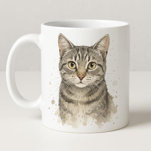 Brew Crew Gifts Tasse aquarelle chat tigré gris, céramique blanche, 325 ml, passe au lave-vaisselle, au micro-ondes