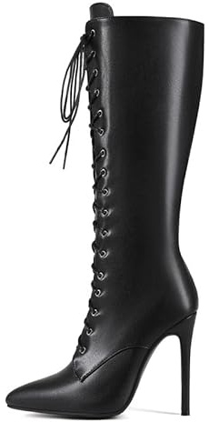 Veelau Meieer Stivali da donna al ginocchio con lacci e tacco alto con chiusura lampo | Stivali a spillo, punta a punta, al ginocchio, look sexy per feste e discoteche