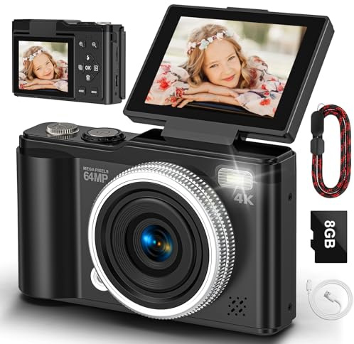Digital camera, 4K 64MP Compact Digital Camera with Autofocus and Macro Function, 180° flip-up screen portable selfie cameras for photography and video with Micro SD Card for Beginners Teens
