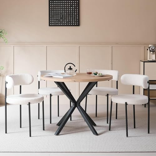 HJhomeheart Essgruppe, Runder Esstisch (100 cm) + 4 Esszimmerstühle aus Lammfell-Imitat — Bietet Platz für 4–6 Personen (Hellbraun + Weiß)