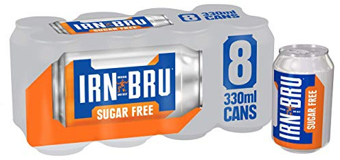 IRN-BRU Diet Carbonated Soft Drink, 8 Pack, 330ml Cans | Low calorie, sugar-free formulation featuring the legendary IRN-BRU secret flavour.
