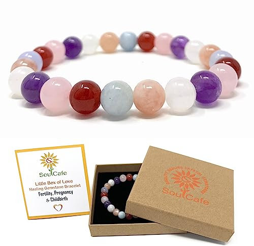 Fertility, Pregnancy & Childbirth Bracelet - Stretch Crystal Bead Bracelet - Rose Quartz, Aquamarine, Amethyst, Moonstone, Carnelian, Sunstone, Blue Lace Agate - Gift Box & Crystal Infomation Card