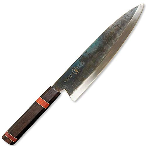 UK-S Art Authentisches Küchenmesser (Gyuto Stilklasse), Handgeschmiedet aus recyceltem Stahl (HRC 61), super scharf und mit Griff aus hartem Ebenholz.