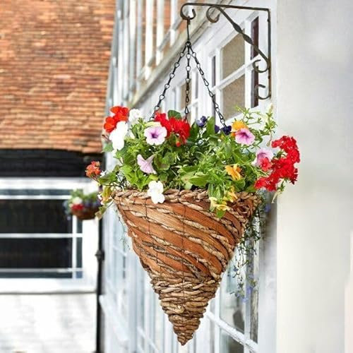 Garden Mile Garden Hanging Flower Basket 12'' Cone Rattan Effect Plant Holder Outdoor Plant Pot Planter with Hanging Chain Wicker Flower Pot Basket Pre-Lined for Easy Planting