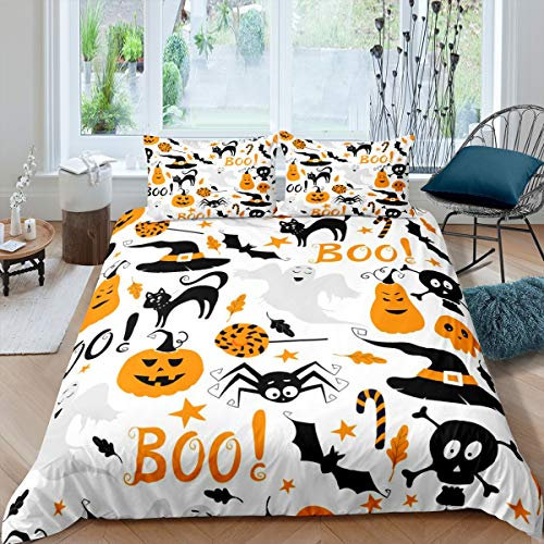 Loussiesd Halloween Bettbezug Set Fledermaus Kürbis Laterne Gedruckt Bettwäsche Set 135x200cm für Kinder Jungen Mädchen Karikatur Spinne Katze Betten Set Leicht 2St
