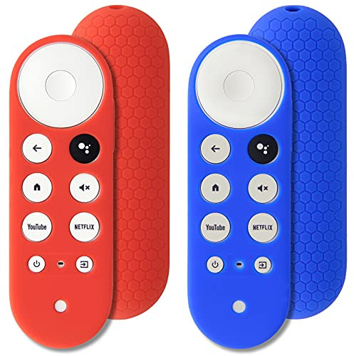 Pinowu 2pcs Cubierta Remoto Compatible con Chromecast con Google TV (4K) Voice Remote, Pinowu Silicona Antideslizante Funda (Azul y Rojo)