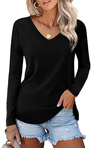 BeLuring, Camisetas Informales Suaves y cómodas para Mujer, Camisetas de Manga Larga con Cuello en V, Camiseta Sencilla básica Bonita, Talla Negra 12 14