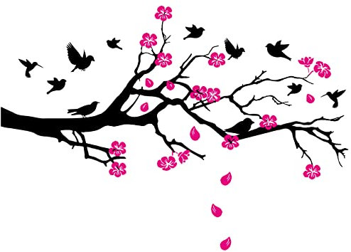 Wandtattoo mit Ast Zweig Kirschblüten 115x52cm Wandbild personalisiert für Garderobe Flur Eingang Wohnzimmer Schlafzimmer Wandaufkleber Deko Baum (03 Vogel, Ohne Wunschtext)