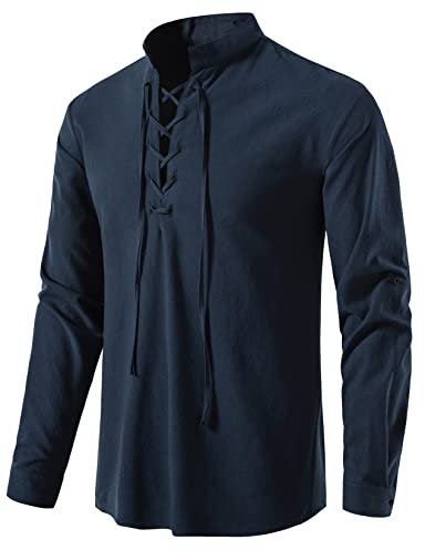 LucMatton Men's Retro Lace up Medieval Costume Shirts for Halloween Cosplay Viking Pirate Steampunk Vampire Renaissance Gothic Victorian Clothing Navy Large