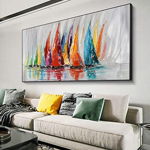 KADING Tableau abstrait sur toile Peinture colorée de bateau à voile Peintures à l'huile sur toile de grande taille Art mural moderne pour décor de salon 164x80cm (65x32in) avec cadre