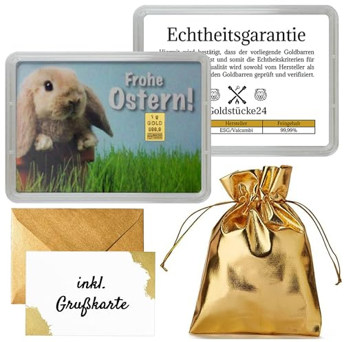 Goldbarren 1g in Geschenk-Motivbox Frohe Ostern - Osterhase - Tolle Geschenkidee - Feingold 999,9