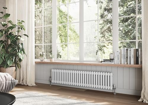 Go Bathrooms Utopia White Horizontal Radiator 300 x 1370mm Traditional Cast Iron Style 2 Column White Central Heating Living Room Radiator