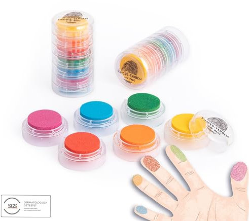 TRENDHAUS 957047 Fingerstempel-Farben 6er-Turm – Hautverträgliche und abwaschbare Fingerfarben – Stempelkissen inkl. praktischer Stapelfunktion (6 Farben)
