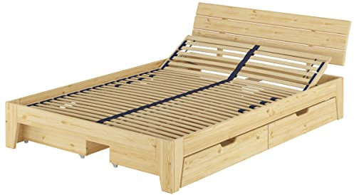 Erst-Holz®Schmales Doppelbett 140x200 Futonbett Kiefer Natur Zubehör wählbar V-60.62S8-14mit Federholzrahmen und 3-teiligem Bettkasten-Set