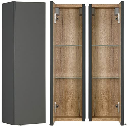 Lomadox Badezimmer Hängeschrank 20 cm breit Hochglanz grau mit Wotan Eiche, schmaler Badschrank, B/H/T: 20/70/17,6 cm