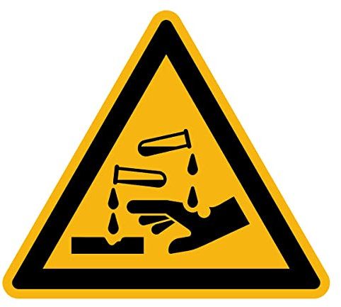 Aufkleber Gefahr Warnung NF ISO 7010 - Selbstklebende Plastifizierte Dreiecksplatte Wasser- und UV-beständig - Ätzende Substanzen - 10x10 cm