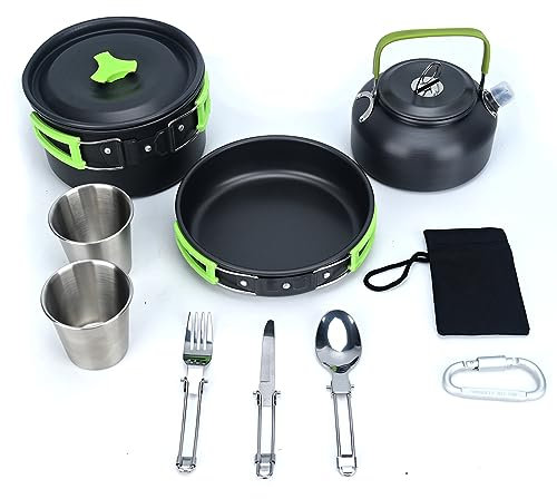 DUTTY Picknickkanne und Teekanne Set von zehn Stücken, Outdoor Camping Geschirr, tragbares Picknick Kochgeschirr, mit Bergsteigschnalle (Grün)