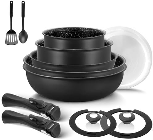BEZIA Pfannenset mit abnehmbaren Griffen, Töpfe und Pfannen Set mit Deckel, Induktions Töpfe Set 13-tlg, Antihaftbeschichtet, für alle Herdarten