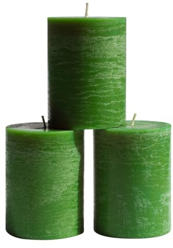 CANDWAX 7.6x10.2 cm Green Pillar Candles Set of 3 - Rustic Unscented Smokeless Dripless Pillars - Perfect as Christmas Home Decor and as Dinner Table Centerpiece - Grass Green Christmas Pillar Candles