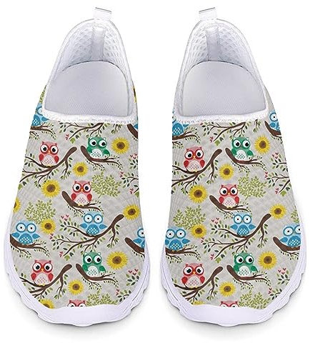 Kuiaobaty Damen-Laufschuhe mit Tieren, Totenköpfen, Schmetterlingen, bequeme Krankenschwestern, Mädchen, Schlupfschuhe für lange Arbeit, Niedliche Eulen auf Ast, 39 EU