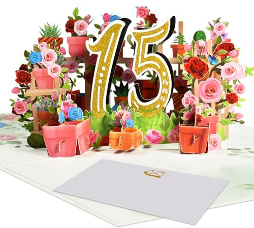 3D Pop-Up Karte zum 15. Jubiläum oder Geburtstag | Gartenmotiv mit Blumen, Pflanzen und Gartengeräten | Kristallhochzeit | Hochzeitstagskarte | Geburtstagskarte | Mit Umschlag und Notizkarte
