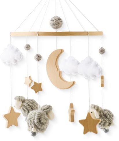 Promise Babe Baby Mobile Holz Schaf Baby Windspiele mit Filzkugeln Holz Stern Mond Baby Mädchen Mobile Babybett Babytisch Wickeltisch Holz Gehäkelt Wolken Mobile Glocke Bett Anhänger Sheep Bed Bell