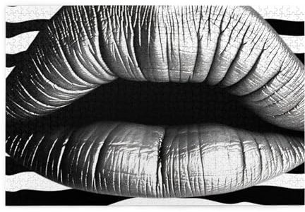 Wooden Puzzle Lips Printed in Black and White Stripes Print Jigsaw Puzzle 1000 Pieces Personalized Picture Puzzle Family Decoration Puzzle for Adult Family Wedding Graduation Gift
