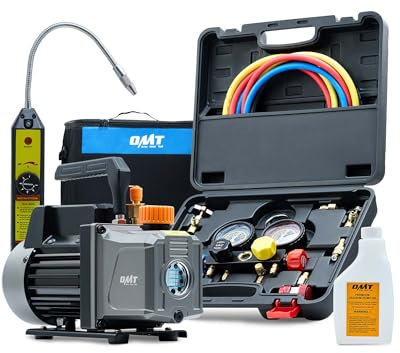 Orion Motor Tech AC Vacuum Pump and Gauge Set, 1/3 hp 4 cfm Vacuum Pump Manifold Gauge Kit with Leak Detector 4 Hoses & Accessories for R134a R22 R410a, A/C Vacuum Pump Kit for Auto HVAC Systems