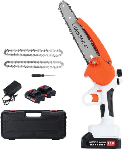 8 Zoll Akku Kettensäge mit 2 Akku(2 * 2000mAh), 21V 750W Mini Kettensäge mit Akku, Kettensäge Akku, handkettensäge mit akku chainsaw für Gärten Geeignet Bäume