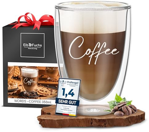 ElbFuchs® Vetro per latte macchiato a doppia parete, 1 barattolo da 350 ml, ideale come bicchiere termico per cappuccino, bicchieri da caffè, bicchieri da tè