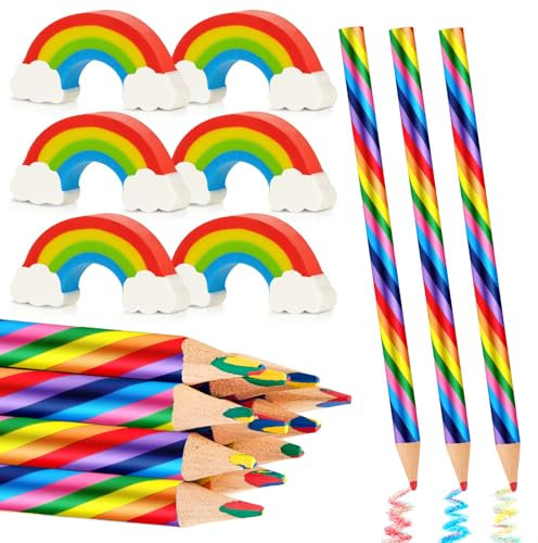 Tenare 36 Stück Regenbogen Buntstifte Set 18 Regenbogenstift mit 18 Regenbogen Radiergummis 4 in 1 Farbstifte Bunte Bleistifte Malen Zeichnen Regenbogen Geburtstag für Kinder Erwachsene Schule
