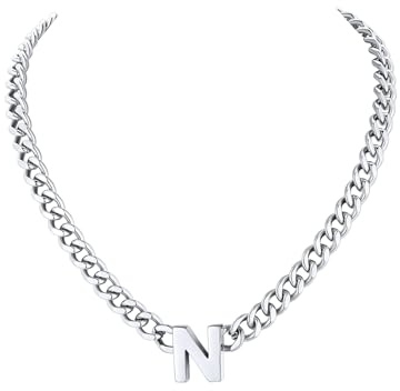 Richsteel Halskette Herren Siber Kette Edelstahlkette Männer Panzerkette | Herren Kette 45+5cm mit Anhänger Wasserdicht Initial A-Z Cuban Chain Buchstaben Hip Hop mit Geschenkebox für Valentinstag
