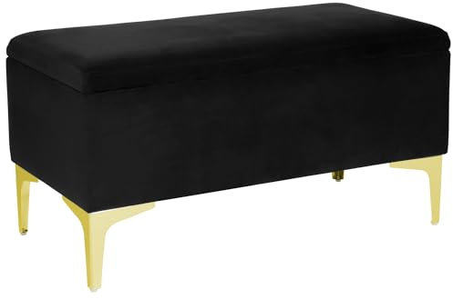 LORDLY Sitzbank with Stauraum CANETTI BL 81x42cm – Sitztruhe, Aufbewahrungsbox, Polsterbank with Samtbezug für Wohnzimmer, Schlafzimmer, Diele (Schwarz Velour, Goldene Beine)