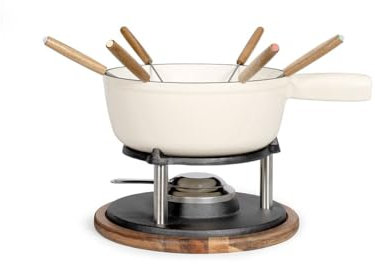 Service à fondue tradition MEN426C – 6 personnes, 2,6L, caquelon fonte émaillé, socle en acacia