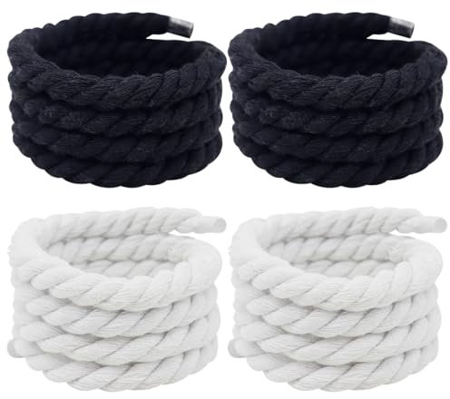 Tomedeks 2 Paires Lacet Corde, 8Mm Et 150Cm Lacets Corde Pour Air Force 1 Avec Coton Premium, Tresser Lacets Corde Pour Sneakers Baskets,Lacets Peluche (noir/Blanc)