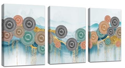 3 Pcs Leinwandbilder Bilder mit Rahmen Bunte Kreise bild auf leinwand Grüne natur Landschaft Wandkunst Wandbilder Kunstdruck Deko für Wohnzimmer Schlafzimmer fertig zum Aufhängen 90x40cm(30x40x3)