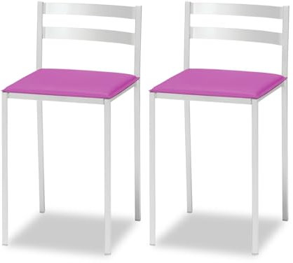 ASTIMESA 2 Taburetes de Cocina con Respaldo bajo, Franjas horizontales y Asiento tapizado - Estructura Color Blanco - Asiento en Polipiel Rosa