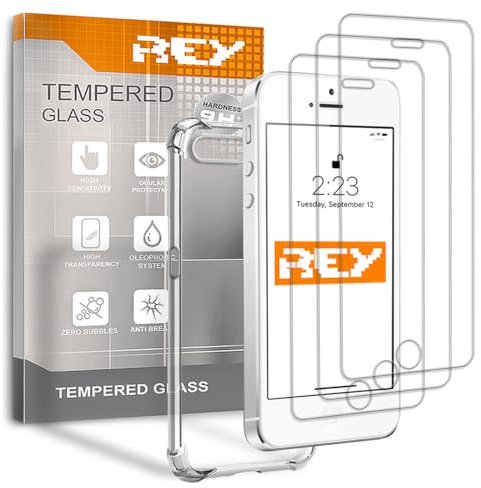 3X Protector de Pantalla y Funda Anti-Shock para iPhone 5-5S - SE, Cristal Vidrio Templado y Silicona TPU de Alta Resistencia