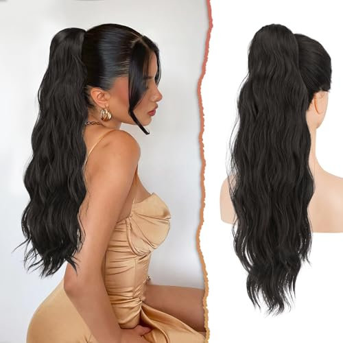 Sofeiyan Pferdeschwanz Haarteil mit Kordelzug, 56 cm Lang Gewellt Zopf Pferdeschwanz Haarverlängerung Synthetik Natürliches Kordelzug Pferdeschwanz Verlängerung für Frauen, Schwarz Braun