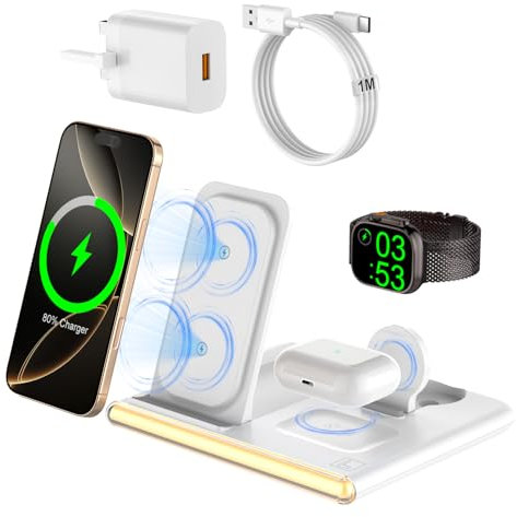 3 in 1 Wireless Charging Station for Apple Devices, Docking for iPhone 16, 15, 14, 13, 12, 11, XS, XR, Watch 10, Ultra, 9, 8, 7, 6, 5, 4, 3, 2, SE, AirPods 4, 3, 2 Pro 1m Fast Cable (Light/Foldable)