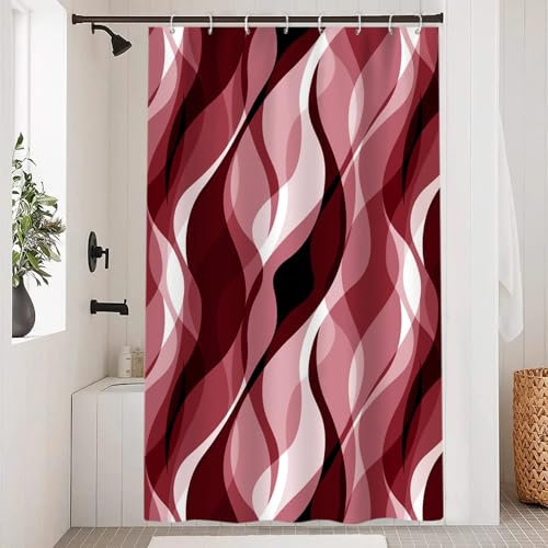 Uiiooazy Rideau Douche Anti Moisissure, Rideau de Douche Rouge Abstrait Rayures Bordeaux Rayé Rideaux de Baignoire Tissu Imperméable Lavable Polyester Rideaux Salle de Bain avec 8 Crochets 120x180cm