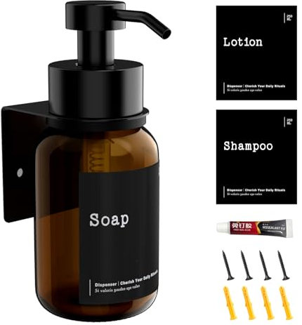 TEHEO Seifenspender mit Wandhalterung | Glas Seifenspender 250 ml | Seifenspender Zum Kleben | Wandseifenspender Ohne Bohren | Pumpspender für Flüssigseife | Seifenspender Wandmontage für Duschgel