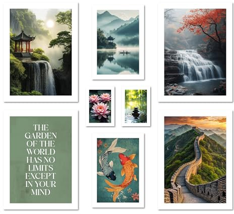 ARTFAVES® Poster Set - Feng Shui - mehrteilige Wanddeko Wohnzimmer & Schlafzimmer - 8 moderne Wandbilder feng shui, china, wasserfall, achtsamkeit, yoga - ohne Bilderrahmen