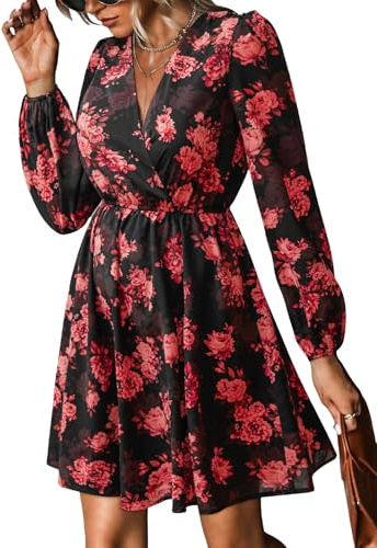 CUPSHE Women's Floral Print Chiffon A-Line Mini Dress Long Peasant Sleeves Elastic Autumn Dress