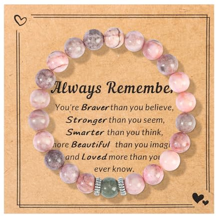 MOXYOY Beaded Bracelets for Women,Natural Stone Healing Crystal Bracelets,Stretch Pink Zebra Bracelet,Good Luck Crystal Bracelet,Healing Crystals,Gifts for Women (with Encourage Quote Card)