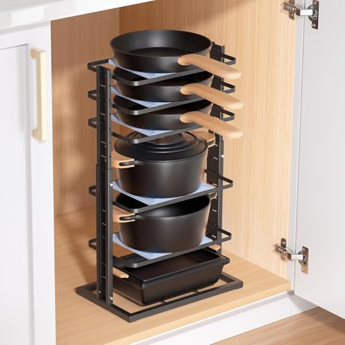 MUDEELA Topf- und Pfannen-Organizer, 6 Ebenen, ausziehbar, Schwarz | 35,5 bis 62,4 cm, für Unterschrank, Topfdeckel, Pfannen, Töpfe, verstellbar, platzsparend, Küchenorganisation