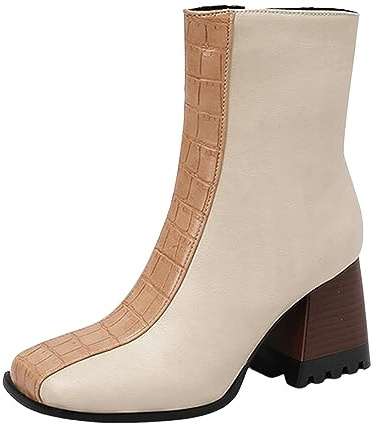 Generisch Stivali da donna con punta quadrata, tacco alto, blocco colore, taglia media, taglia grande, stivaletti, stivali corti, bianco, 39 EU
